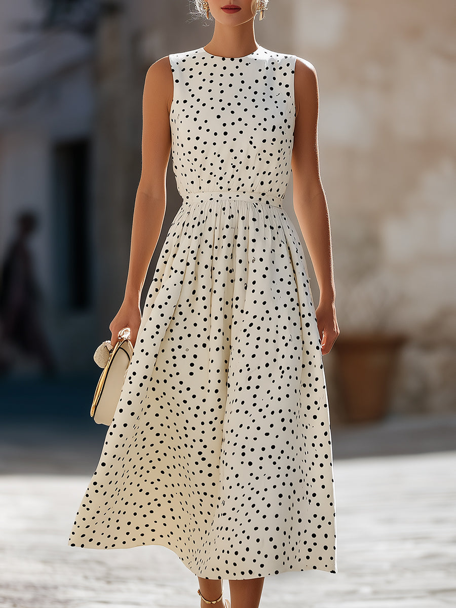 Timeless Sleeveless Polka Dot Midi Dress With Gathered Waist