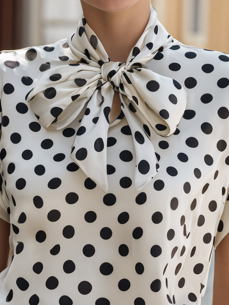 Satin Polka Dot Bow Tie Neck Short Sleeve Blouse