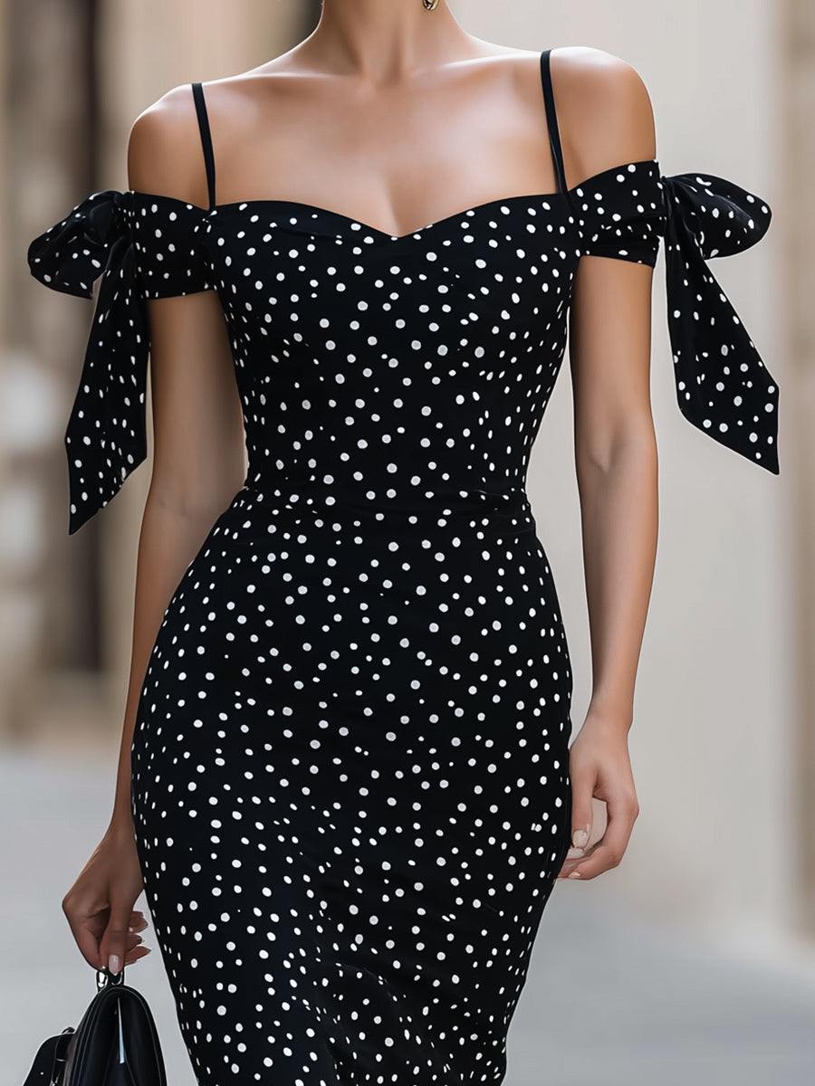 Olka Dot Off-Shoulder Bodycon Midi Dress With Bow Accents