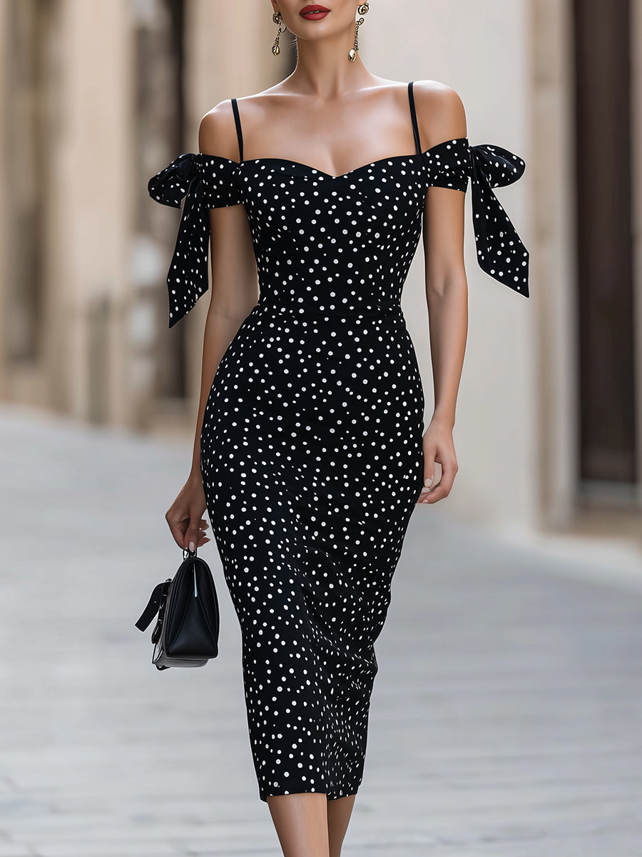 Olka Dot Off-Shoulder Bodycon Midi Dress With Bow Accents
