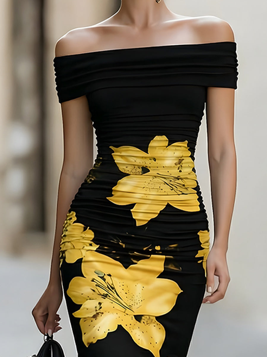 Off-Shoulder Ruched Yellow Lily Floral Mermaid Midi Dress