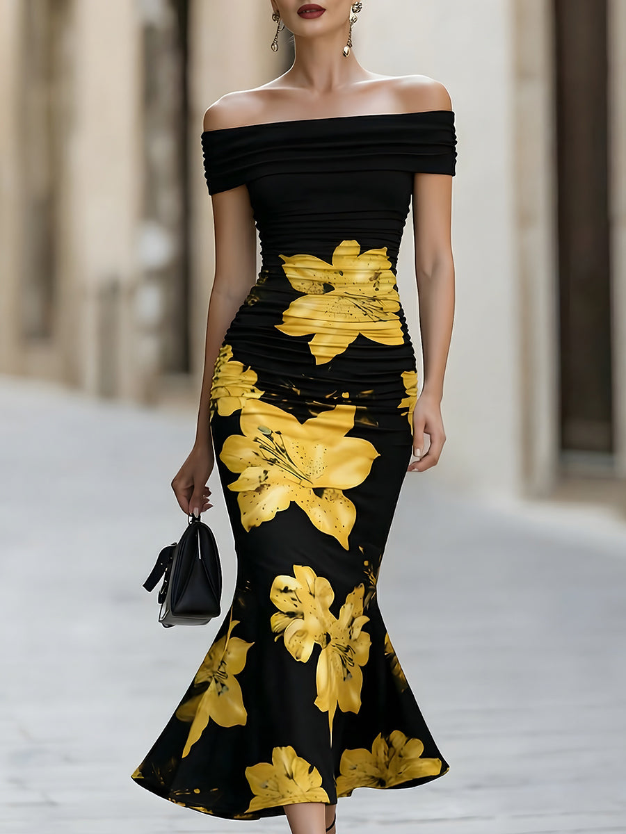 Off-Shoulder Ruched Yellow Lily Floral Mermaid Midi Dress