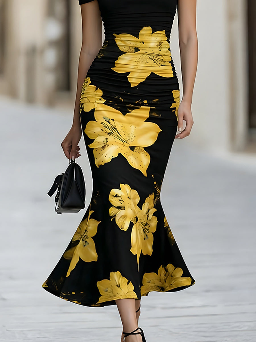 Off-Shoulder Ruched Yellow Lily Floral Mermaid Midi Dress