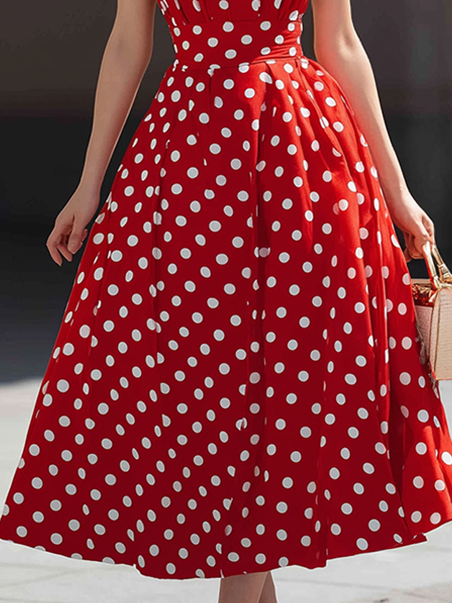 Halter V-Neck Polka Dot A-Line Midi Dress