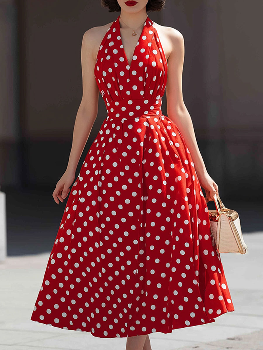 Halter V-Neck Polka Dot A-Line Midi Dress