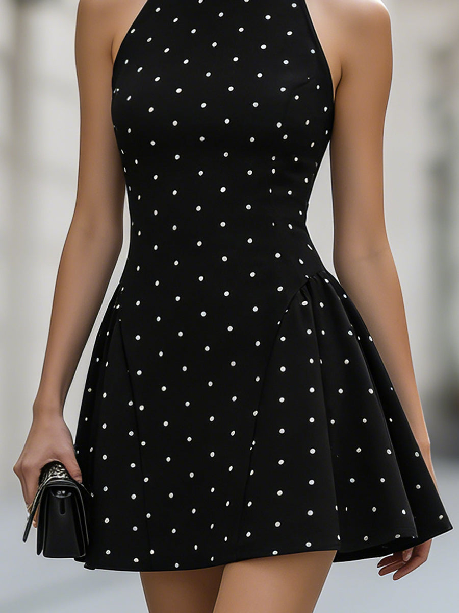 Elegant Polka Dot Halter Neck Sleeveless Flared Mini Dress
