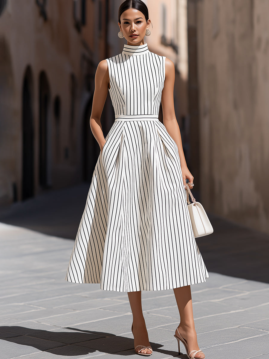 Elegant Pinstripe High Neck Sleeveless Fit & Flare Midi Dress