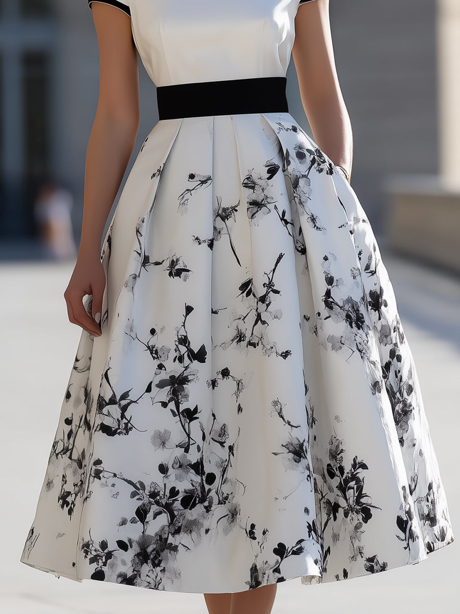Elegant White Black Ink Floral Print Boat Neck Flared Midi Dress