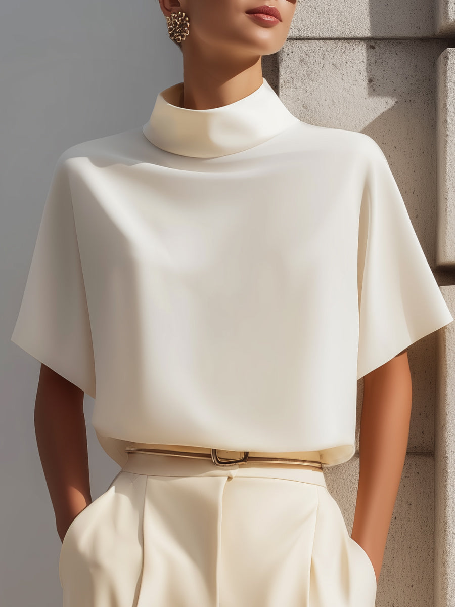 High-Neck Minimalist Draped Blouse Top