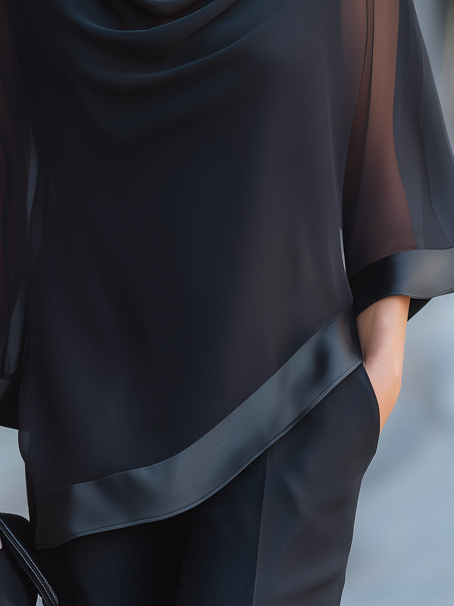 Sheer Flared Sleeve Cowl Neck Blouse With Satin Trim