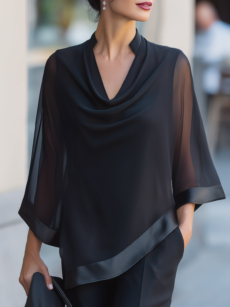 Sheer Flared Sleeve Cowl Neck Blouse With Satin Trim