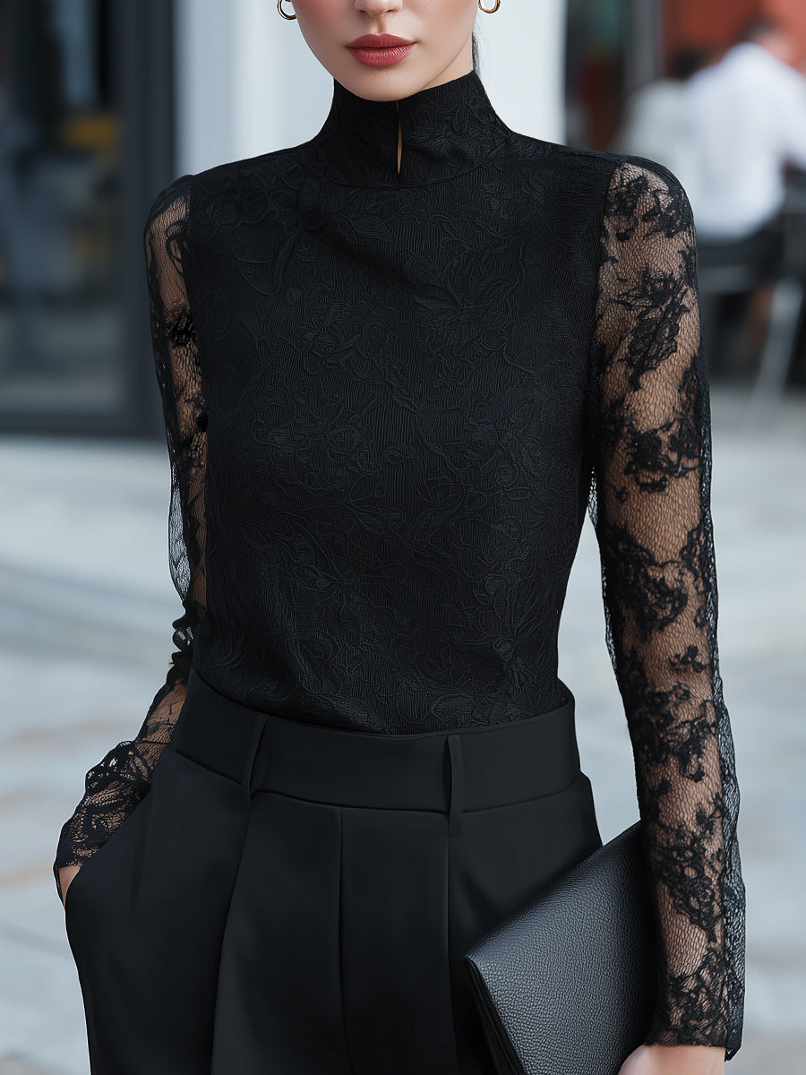 Sheer Long-Sleeve Lace High-Neck Blouse