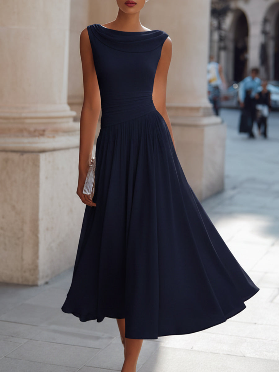 Draped Neck Sleeveless Pleated Midi Dress