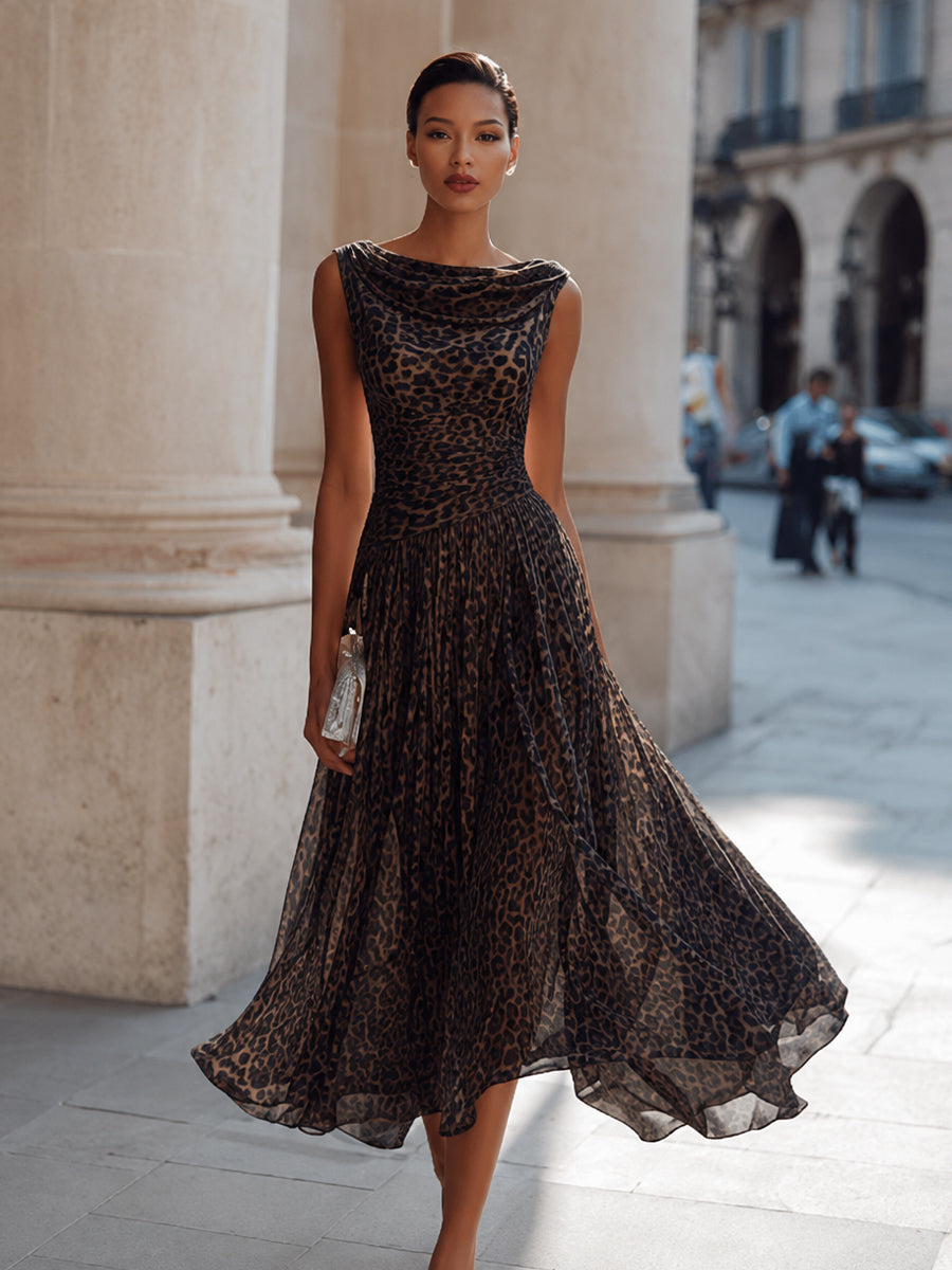Cowl Neck Pleated Leopard-Print Maxi Dress