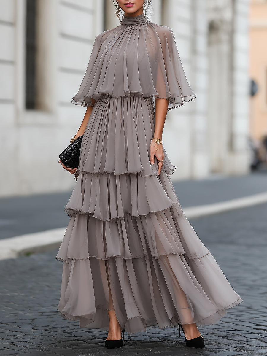 Tiered Pleated Cape Maxi Dress