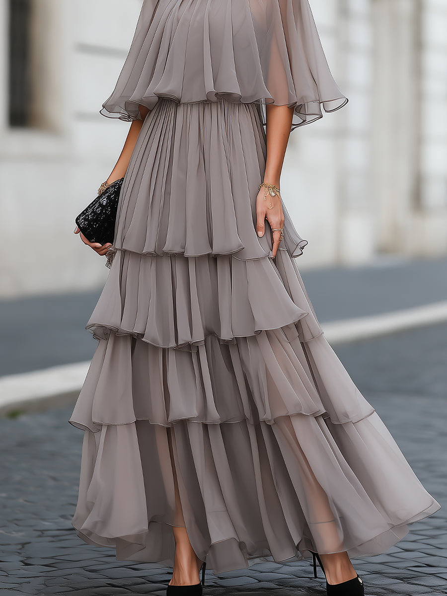 Tiered Pleated Cape Maxi Dress