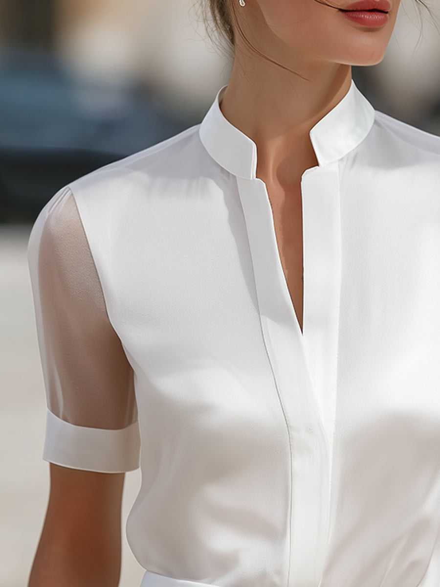 Stand Collar Sheer Short-Sleeve Satin Blouse