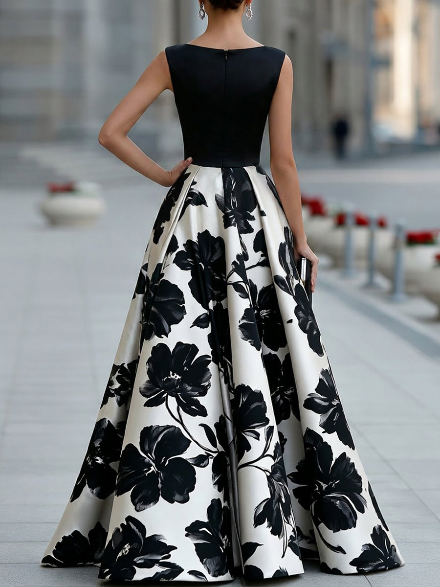 Sleeveless Boat Neck Floral Full Skirt Maxi Dress