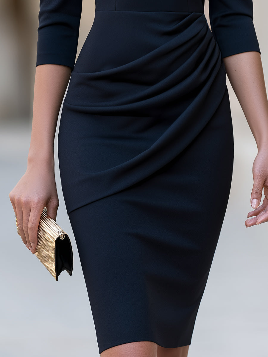Draped Waist Asymmetric V-Neck Sheath Midi Dress