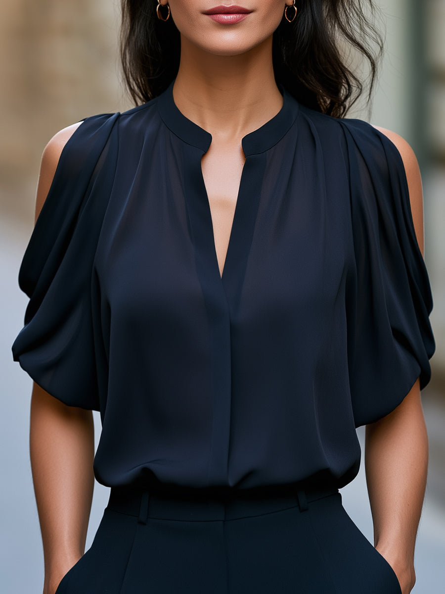V-Neck Split Draped Short Sleeve Blouse