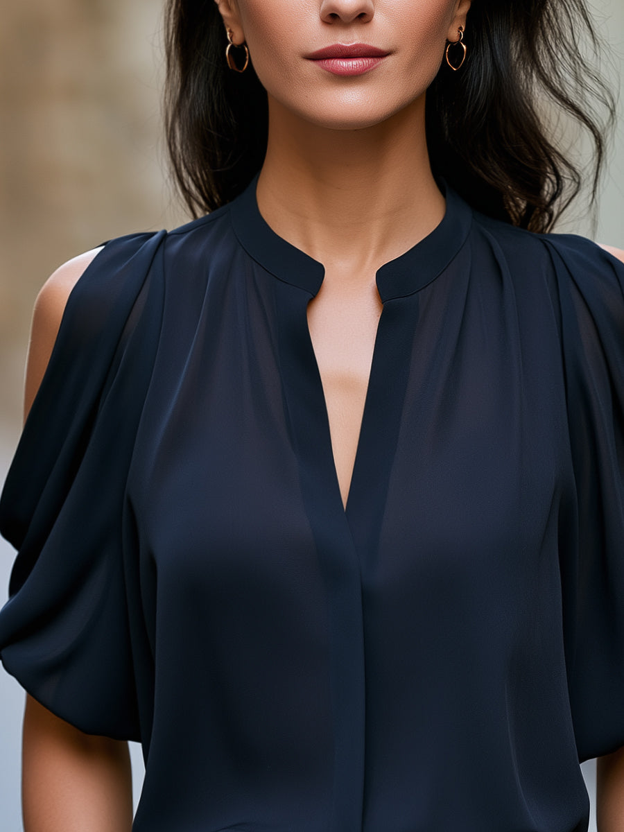 V-Neck Split Draped Short Sleeve Blouse