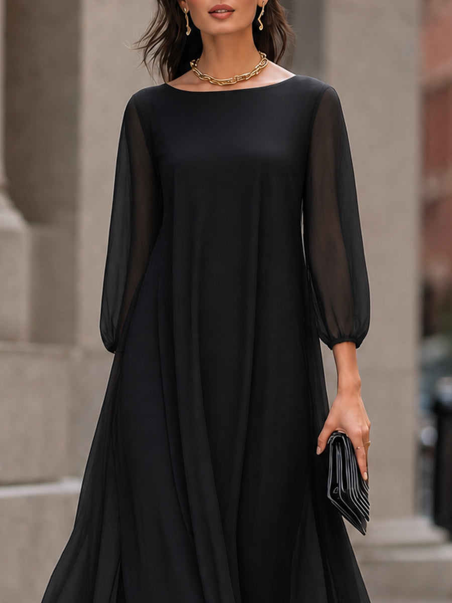 Sheer Sleeve Flowing A-Line Maxi Dress