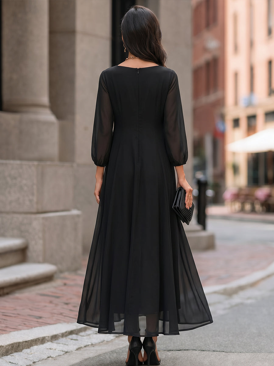 Sheer Sleeve Flowing A-Line Maxi Dress