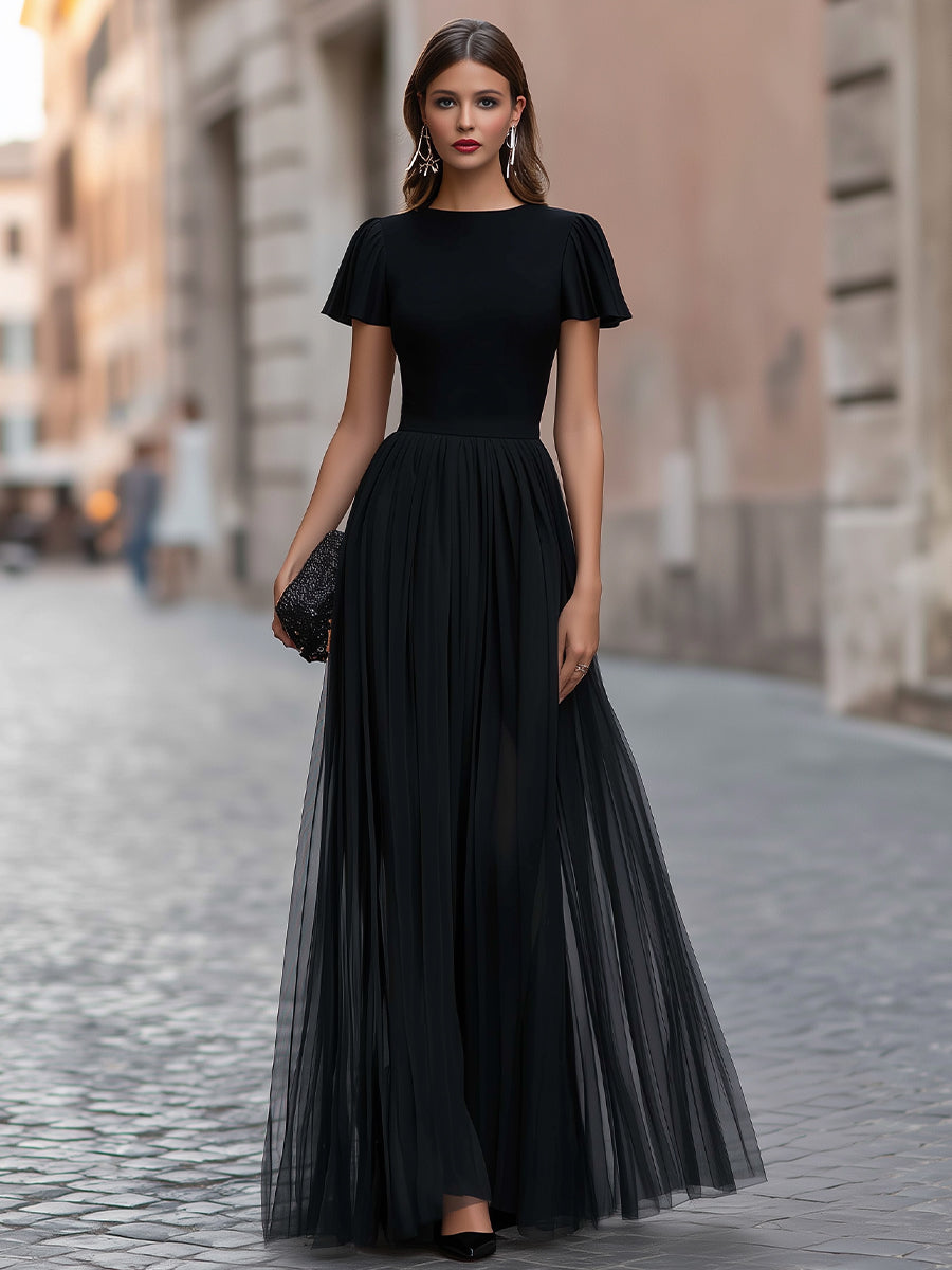 Flutter Sleeve Pleated A-Line Maxi Dress