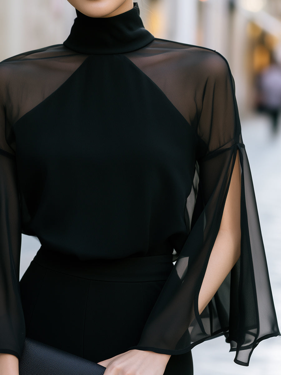 Sheer Cape Sleeve High Neck Blouse