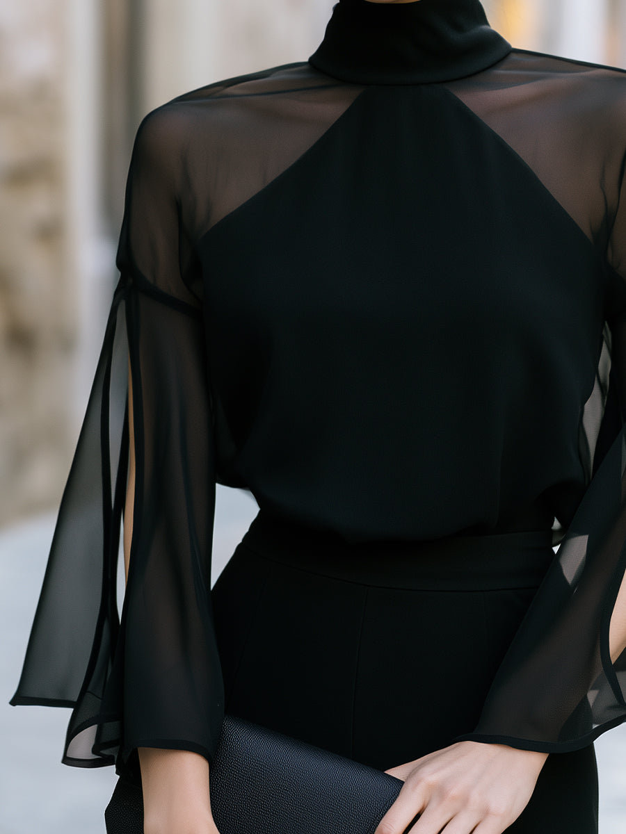 Sheer Cape Sleeve High Neck Blouse