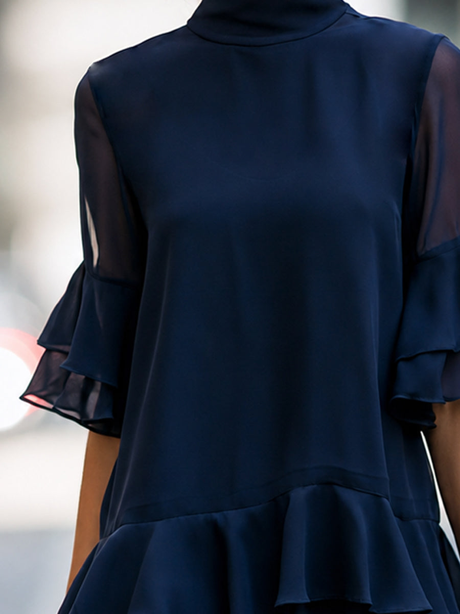 Sheer Sleeve Tiered Ruffle High Neck Blouse