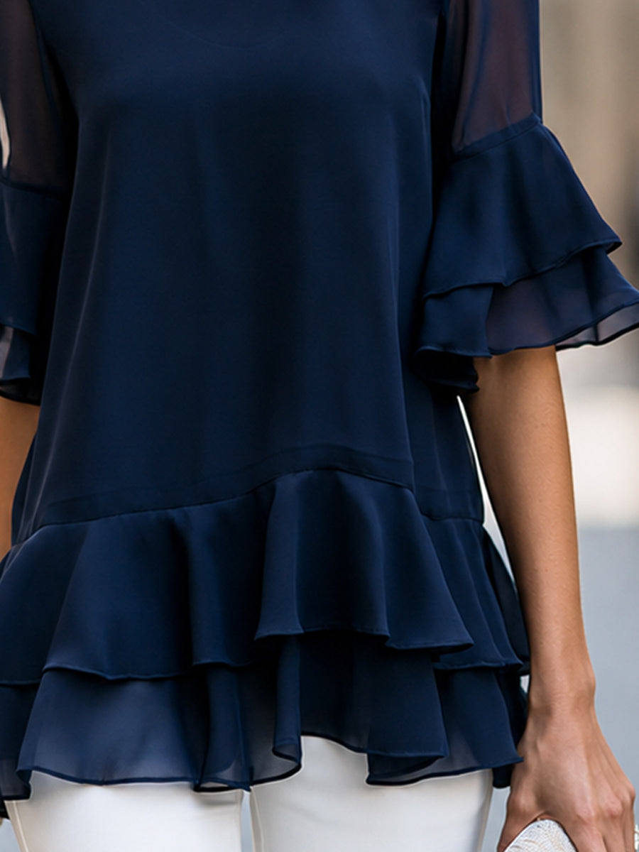 Sheer Sleeve Tiered Ruffle High Neck Blouse