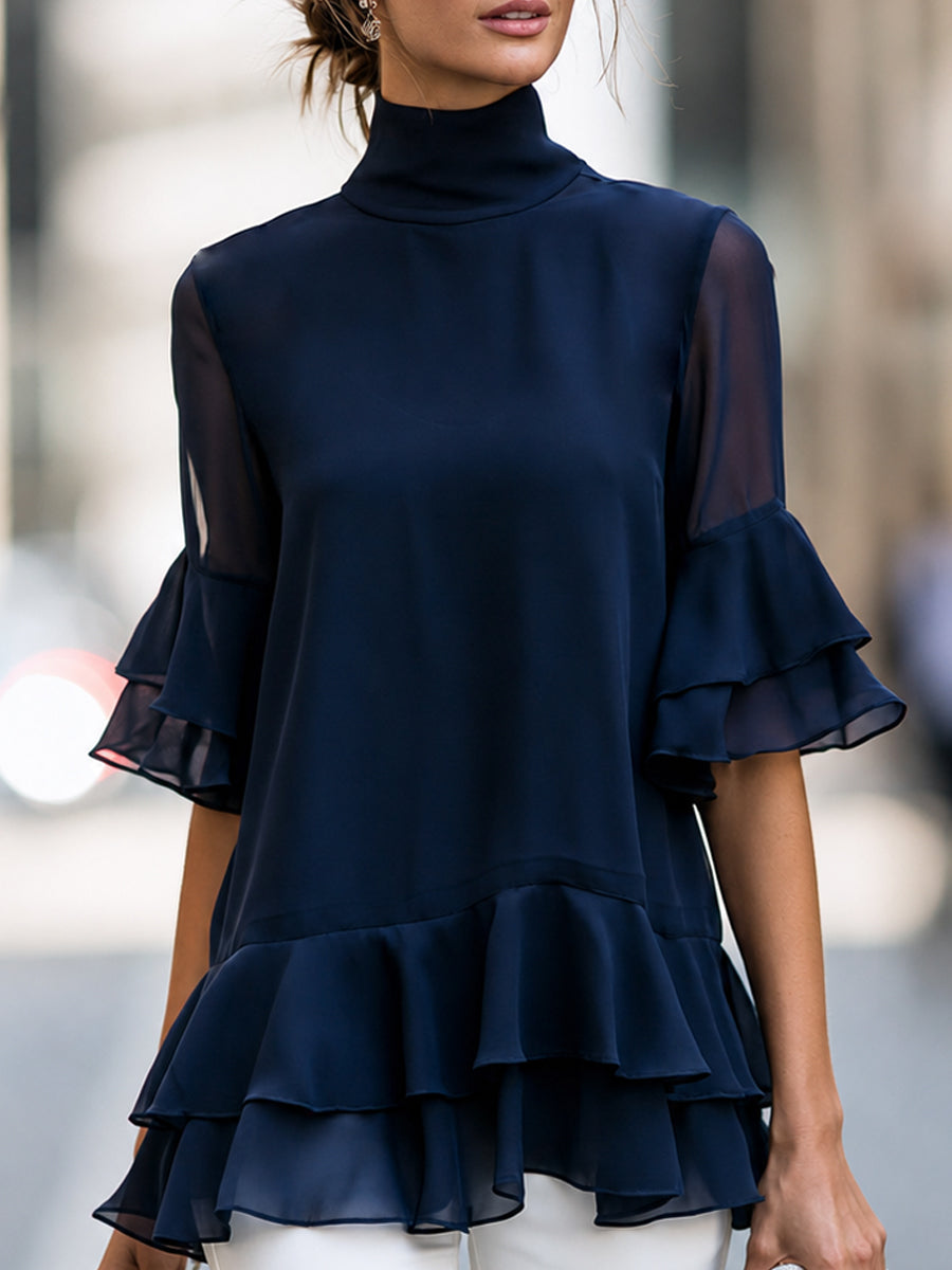 Sheer Sleeve Tiered Ruffle High Neck Blouse