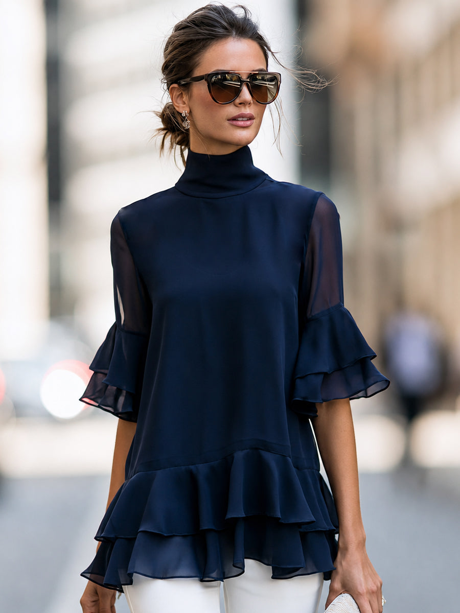 Sheer Sleeve Tiered Ruffle High Neck Blouse
