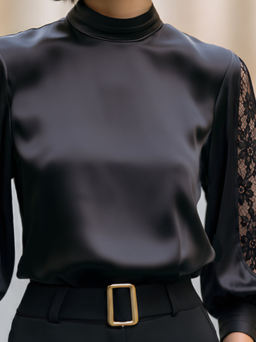 Lace Inset Satin Mock Neck Blouse