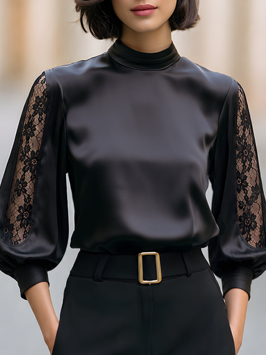 Lace Inset Satin Mock Neck Blouse