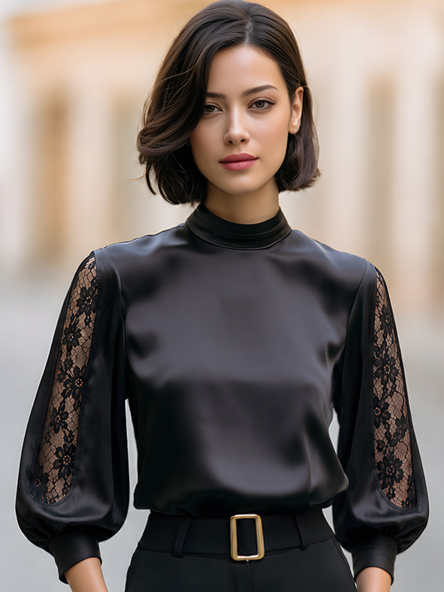 Lace Inset Satin Mock Neck Blouse