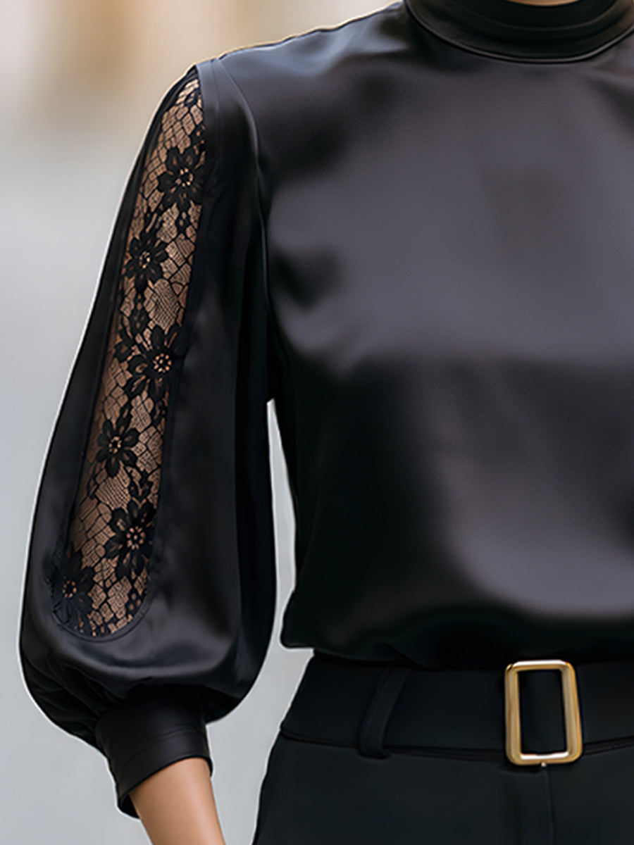 Lace Inset Satin Mock Neck Blouse