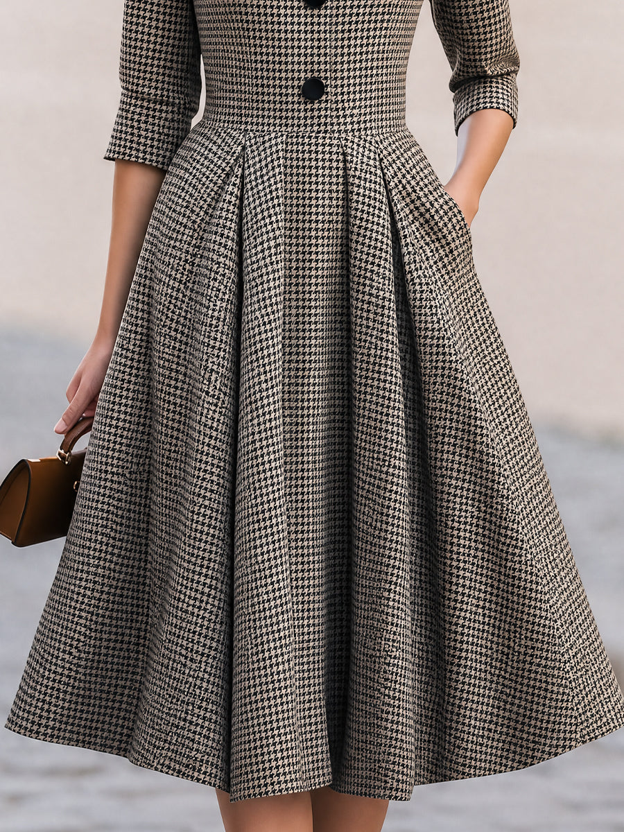 Houndstooth Collared 3/4 Sleeve Button Front A-Line Midi Dress