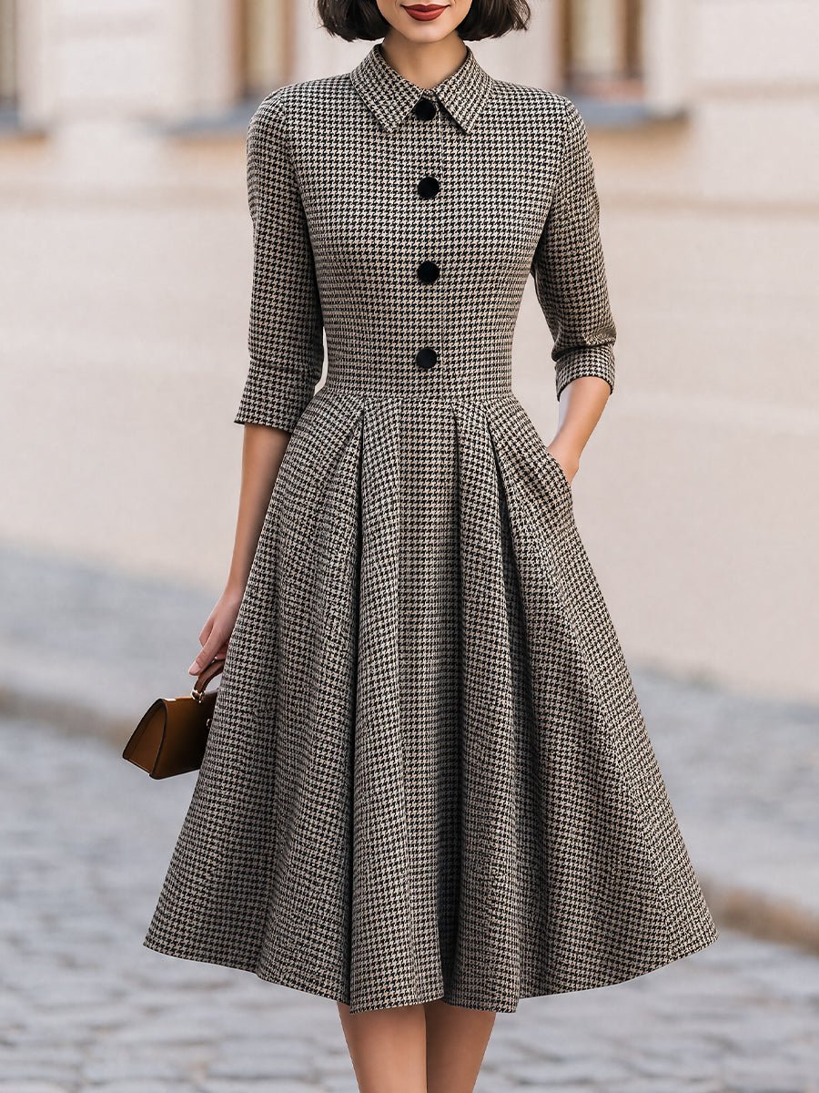 Houndstooth Collared 3/4 Sleeve Button Front A-Line Midi Dress