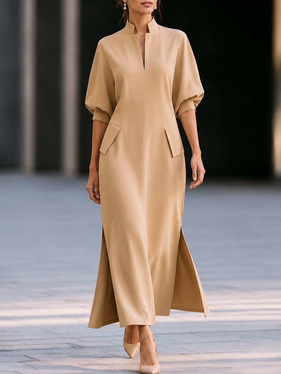Stand Collar Batwing Sleeve Maxi Dress