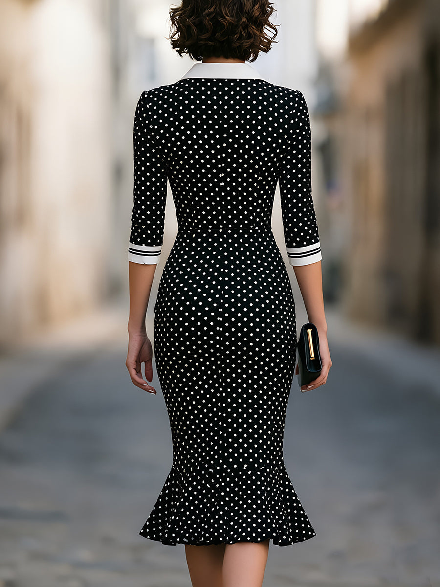 Polka Dot Contrast Collar Mermaid Midi Dress