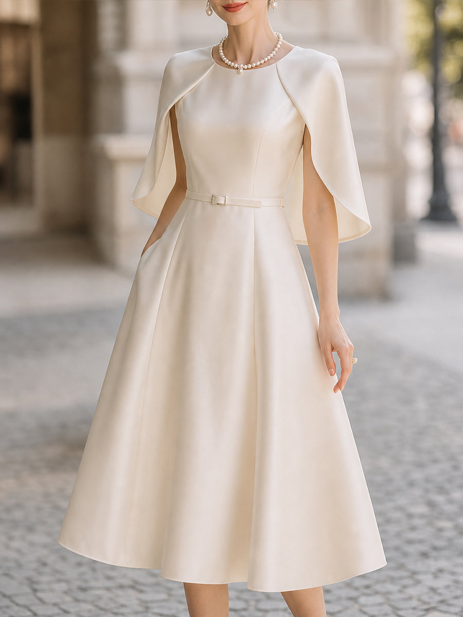 Elegant Satin Cape-Sleeve A-Line Midi Dress