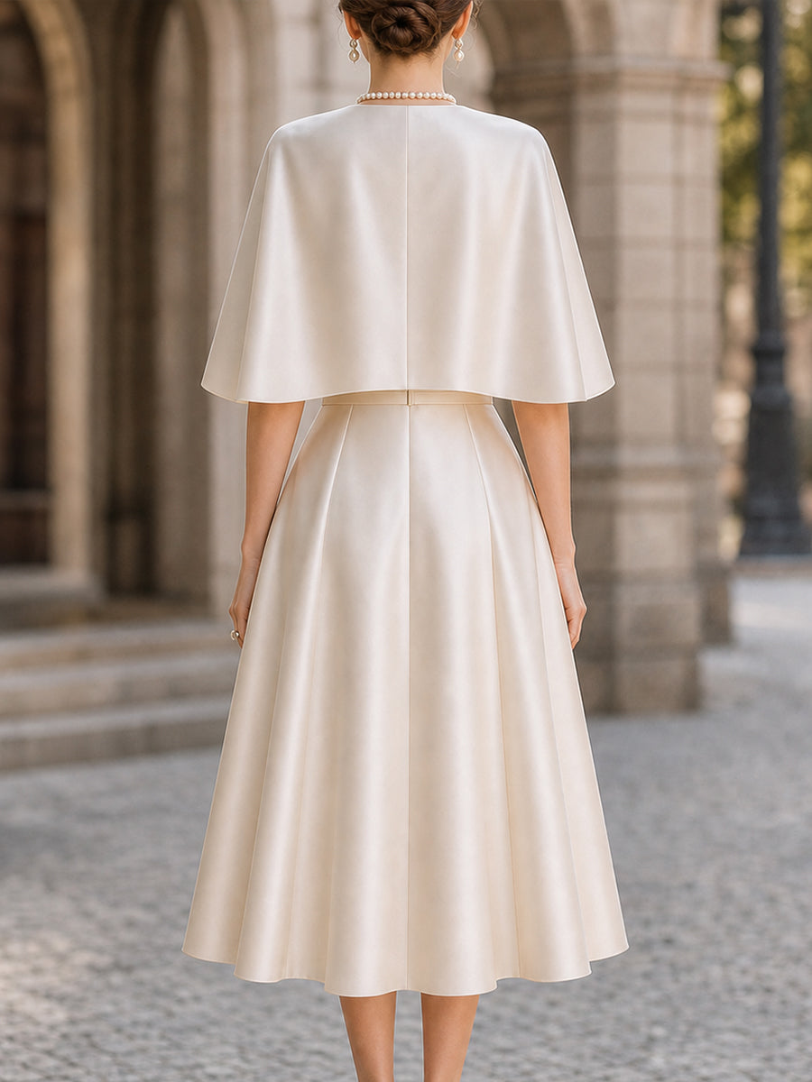 Elegant Satin Cape-Sleeve A-Line Midi Dress