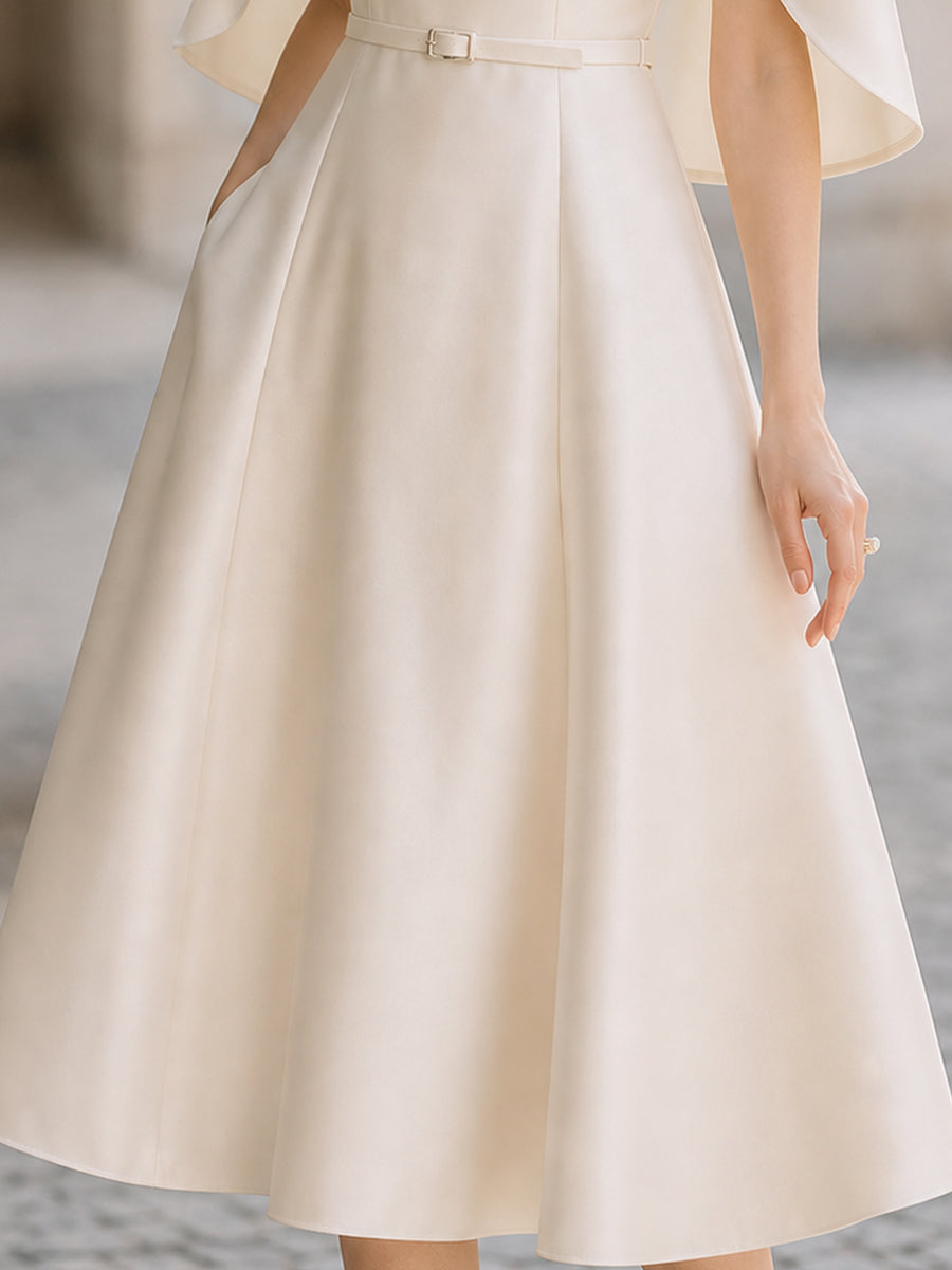 Elegant Satin Cape-Sleeve A-Line Midi Dress