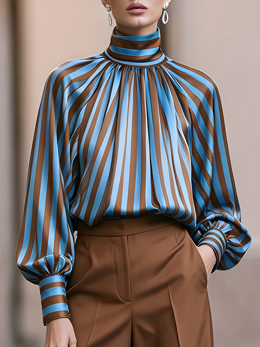 Striped High Neck Pleated Blouse with Balloon Sleeves