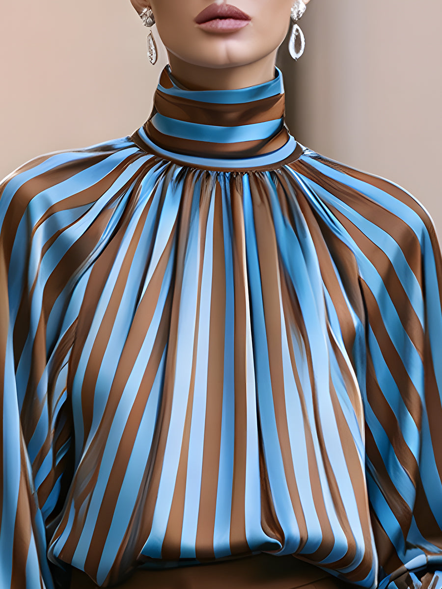 Striped High Neck Pleated Blouse with Balloon Sleeves