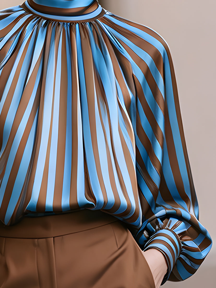 Striped High Neck Pleated Blouse with Balloon Sleeves