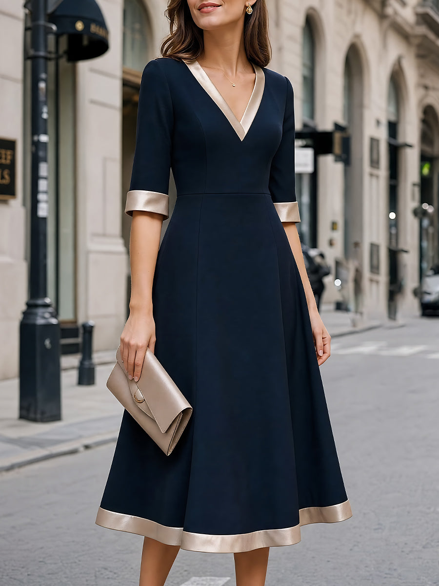 Satin-Trim V-Neck A-Line Midi Dress