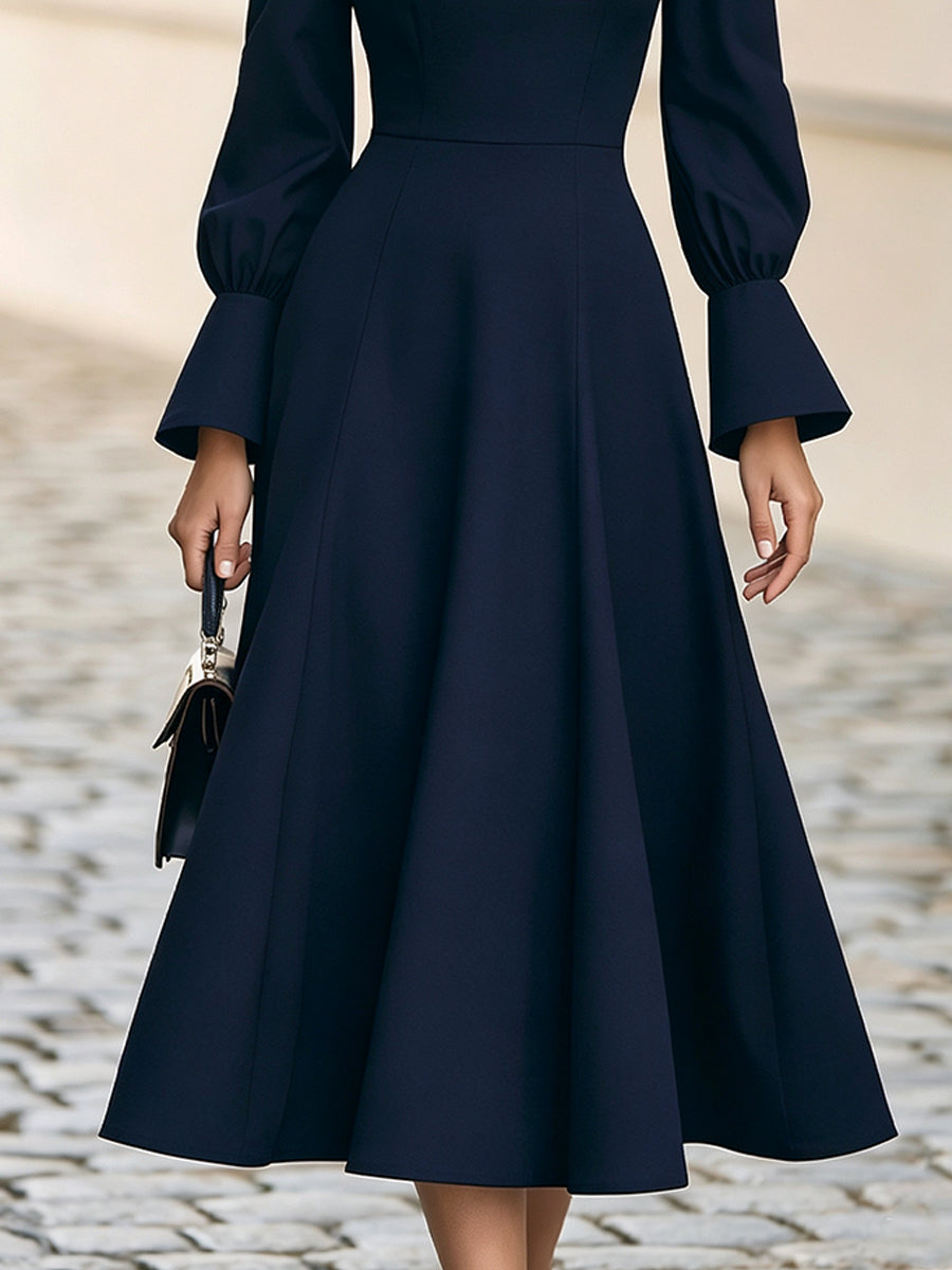 High Neck Gathered Bust  A-Line Midi Dress